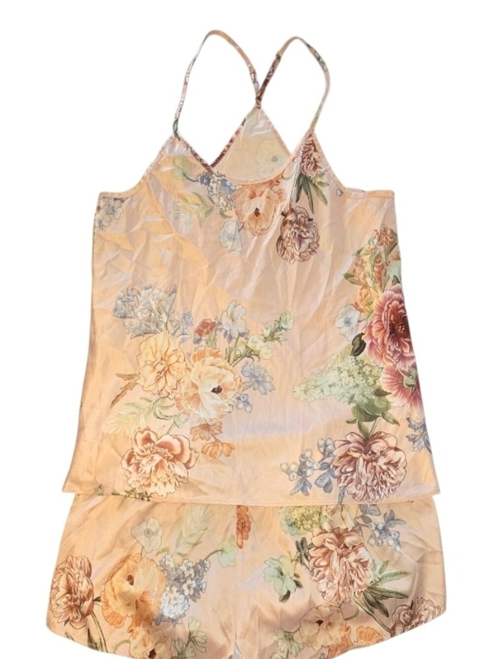 Flora Nikrooz Peach Pink Floral Satiny Lingerie Cami Short Sleep Set Sz L